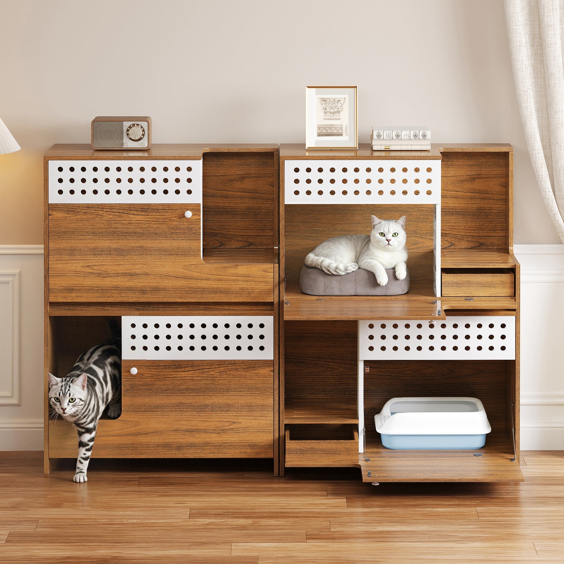 2-Piece of Modern 2 IN 1 Cat Furniture Set, Cat Litter Box Enclosure Side Table, Cat House with Storage, for 2 Small-Medium Sized Cats - BROWN