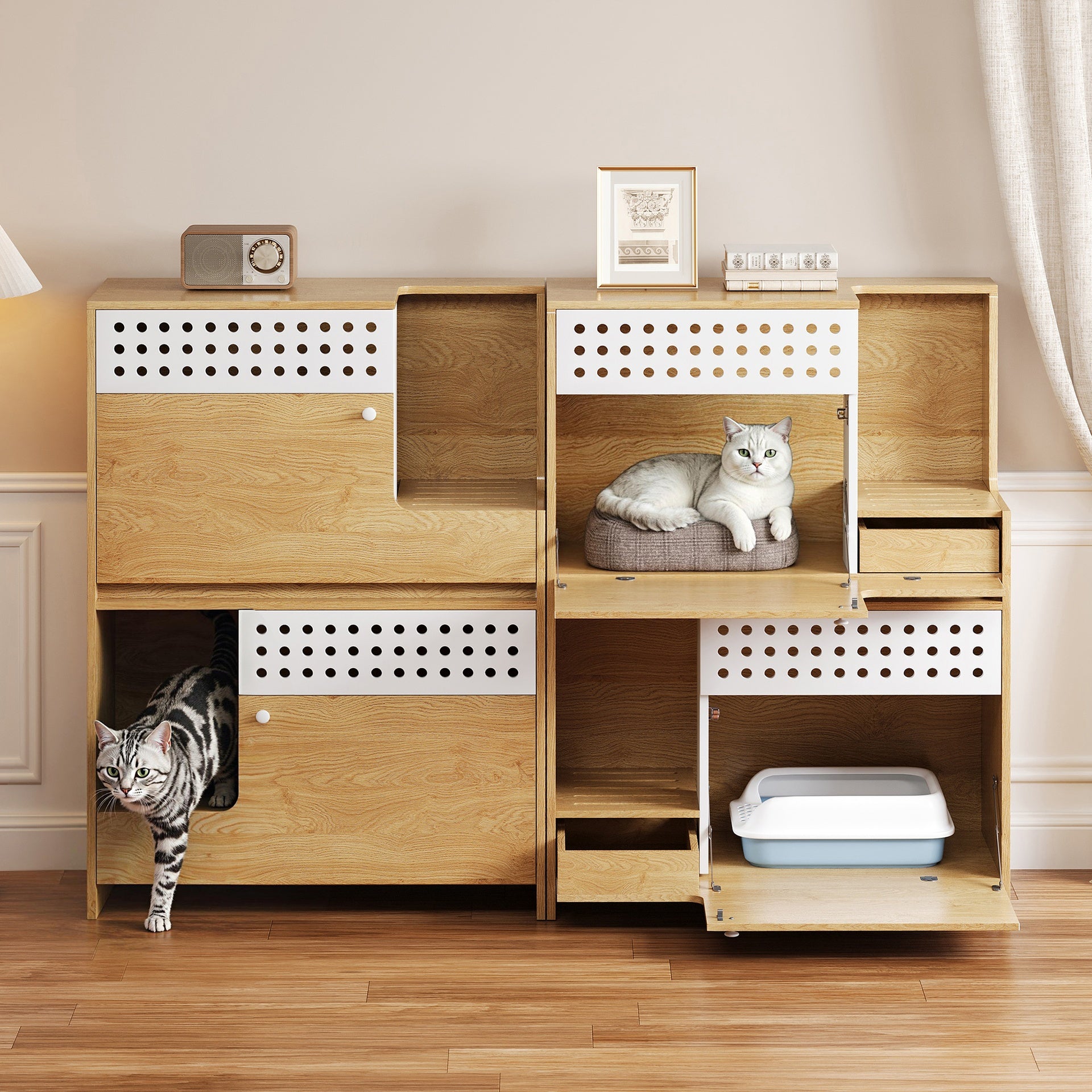 2-Piece Modern 2 IN 1 Cat Furniture Set, Cat Litter Box Enclosure Side Table, Cat House with Storage, for 2 Small-Medium Sized Cats - NATURAL