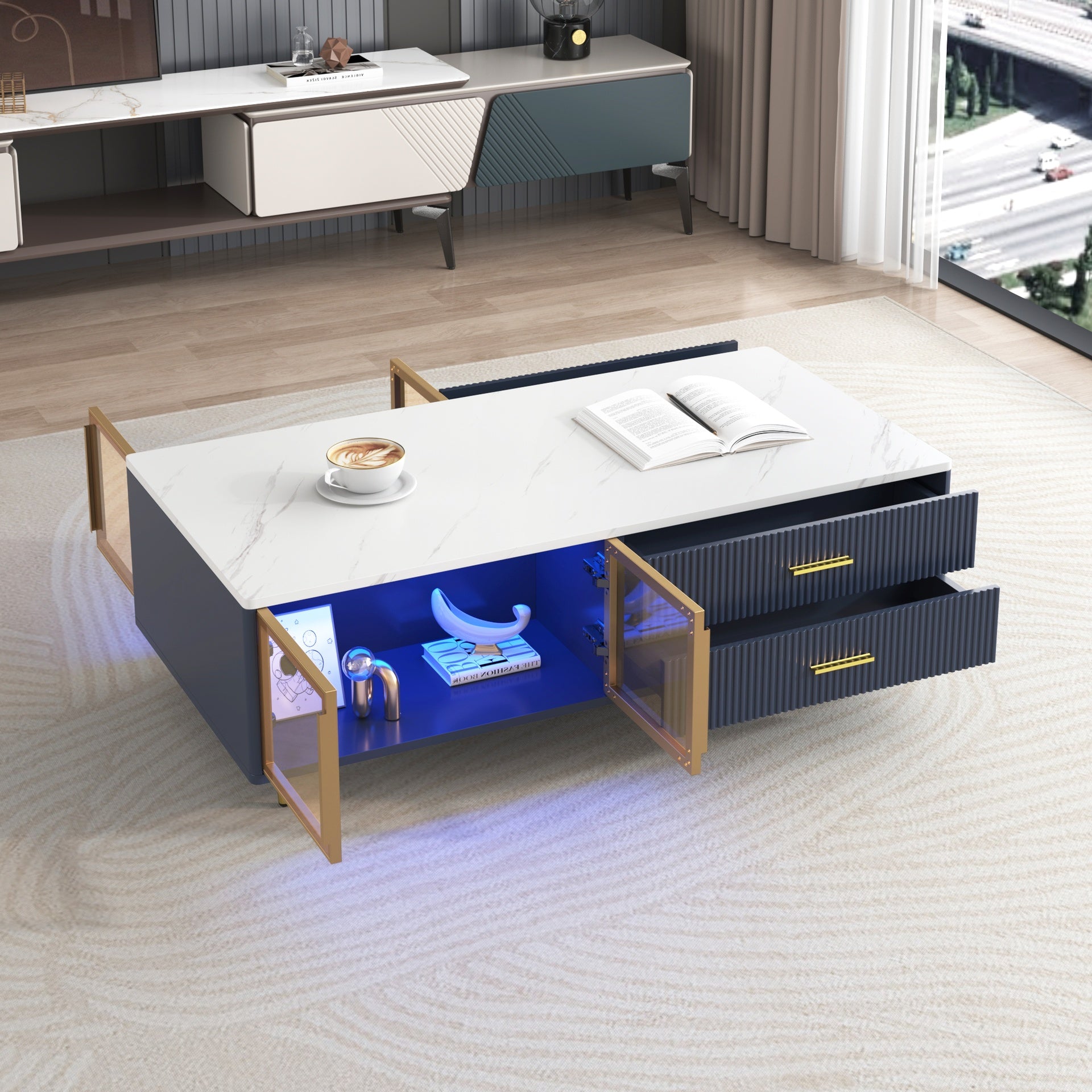 Modern Navy Blue Coffee Table with 2 Glass Door Storage, 4 Drawers, Gold Metal Legs, and Multi-Color Lighting in 47.2''