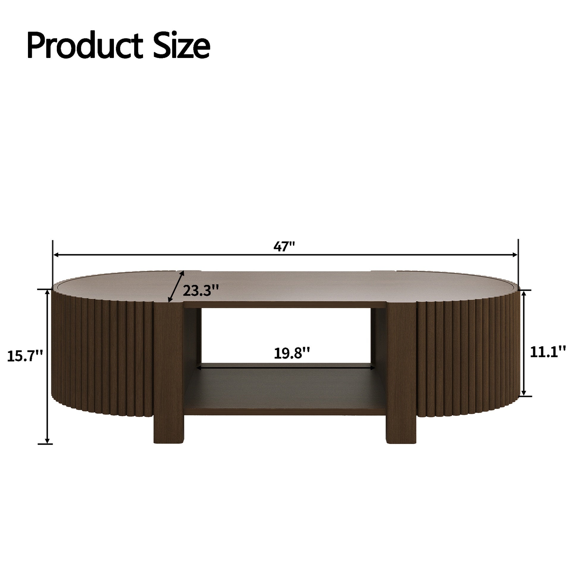 Oval Fluted Coffee Table with Storage for Living Room, Rubber Solid Wood, 1 shelf & 2 Open Storage Doors, Walnut, 47"