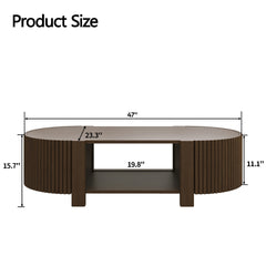 Oval Fluted Coffee Table with Storage for Living Room, Rubber Solid Wood, 1 shelf & 2 Open Storage Doors, Walnut, 47"