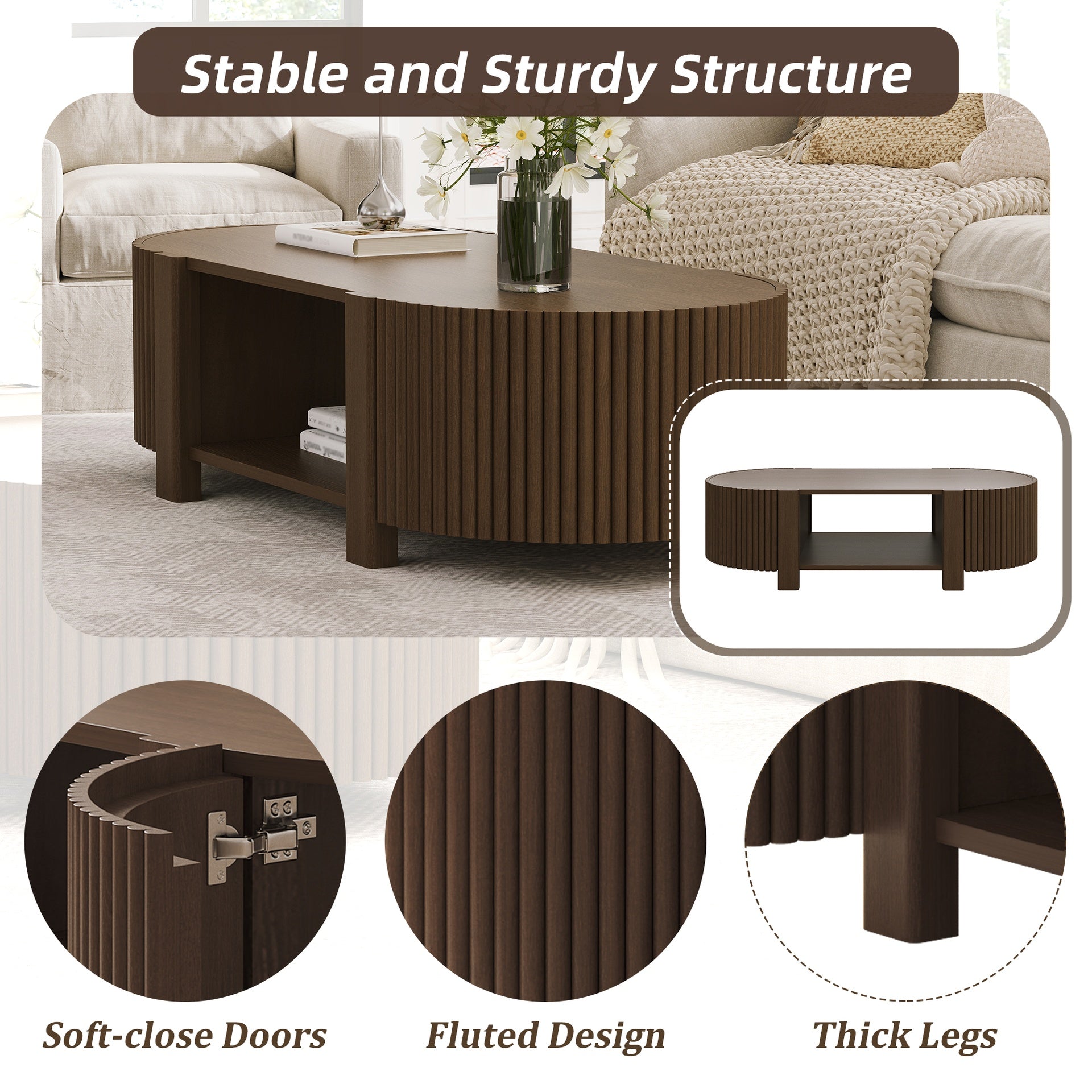Oval Fluted Coffee Table with Storage for Living Room, Rubber Solid Wood, 1 shelf & 2 Open Storage Doors, Walnut, 47"