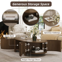 Oval Fluted Coffee Table with Storage for Living Room, Rubber Solid Wood, 1 shelf & 2 Open Storage Doors, Walnut, 47"
