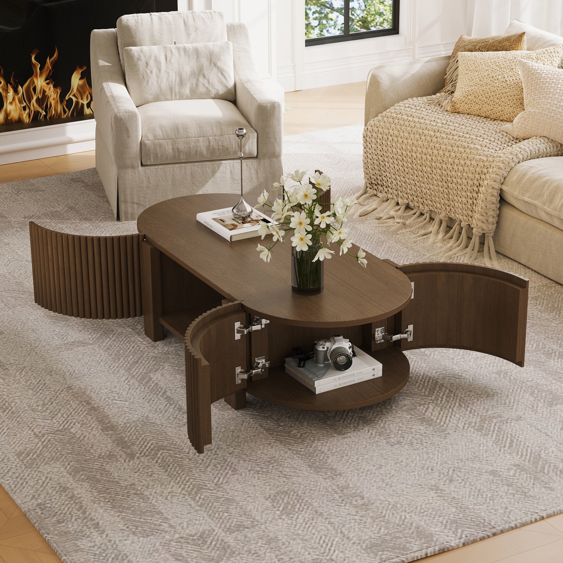 Oval Fluted Coffee Table with Storage for Living Room, Rubber Solid Wood, 1 shelf & 2 Open Storage Doors, Walnut, 47"