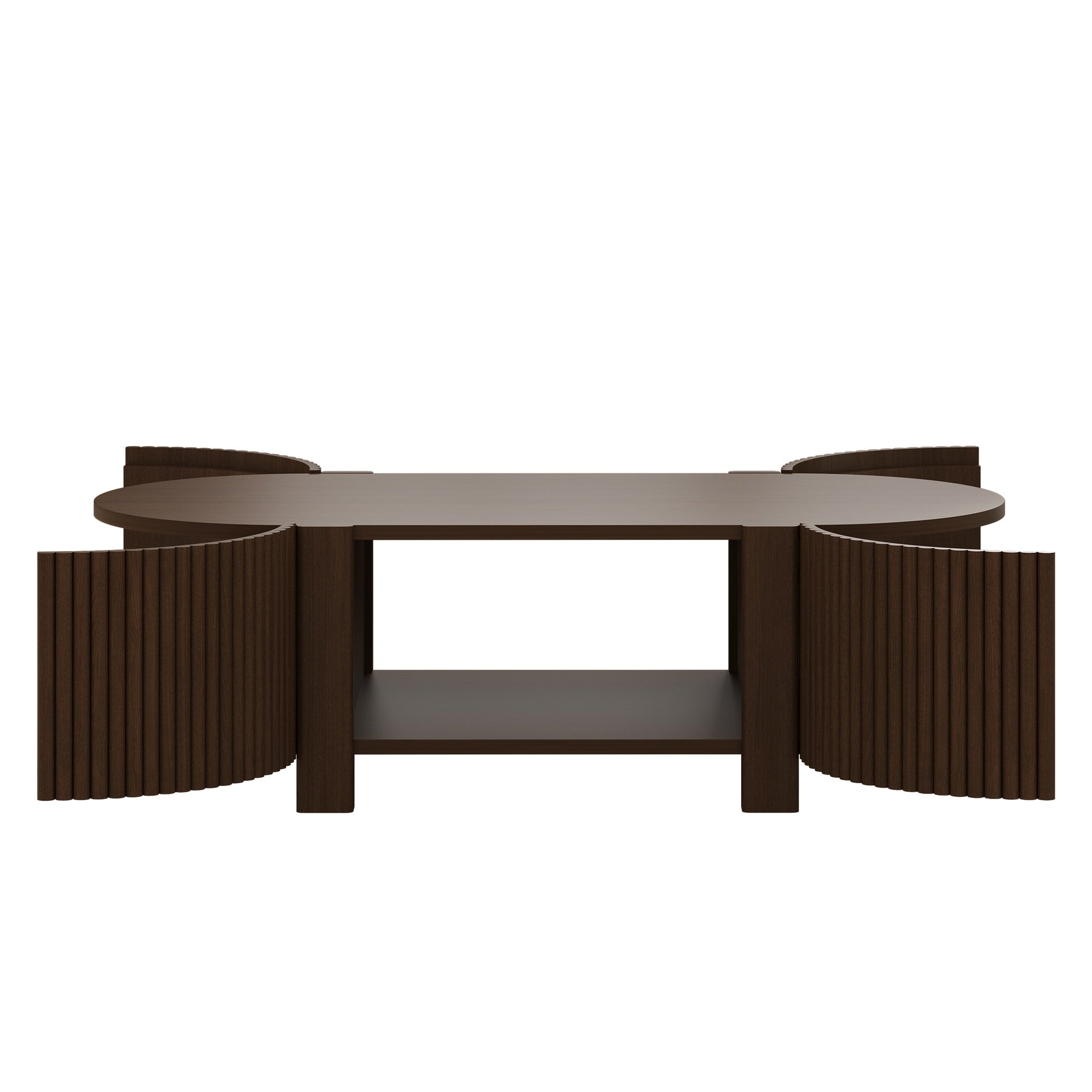 Oval Fluted Coffee Table with Storage for Living Room, Rubber Solid Wood, 1 shelf & 2 Open Storage Doors, Walnut, 47"