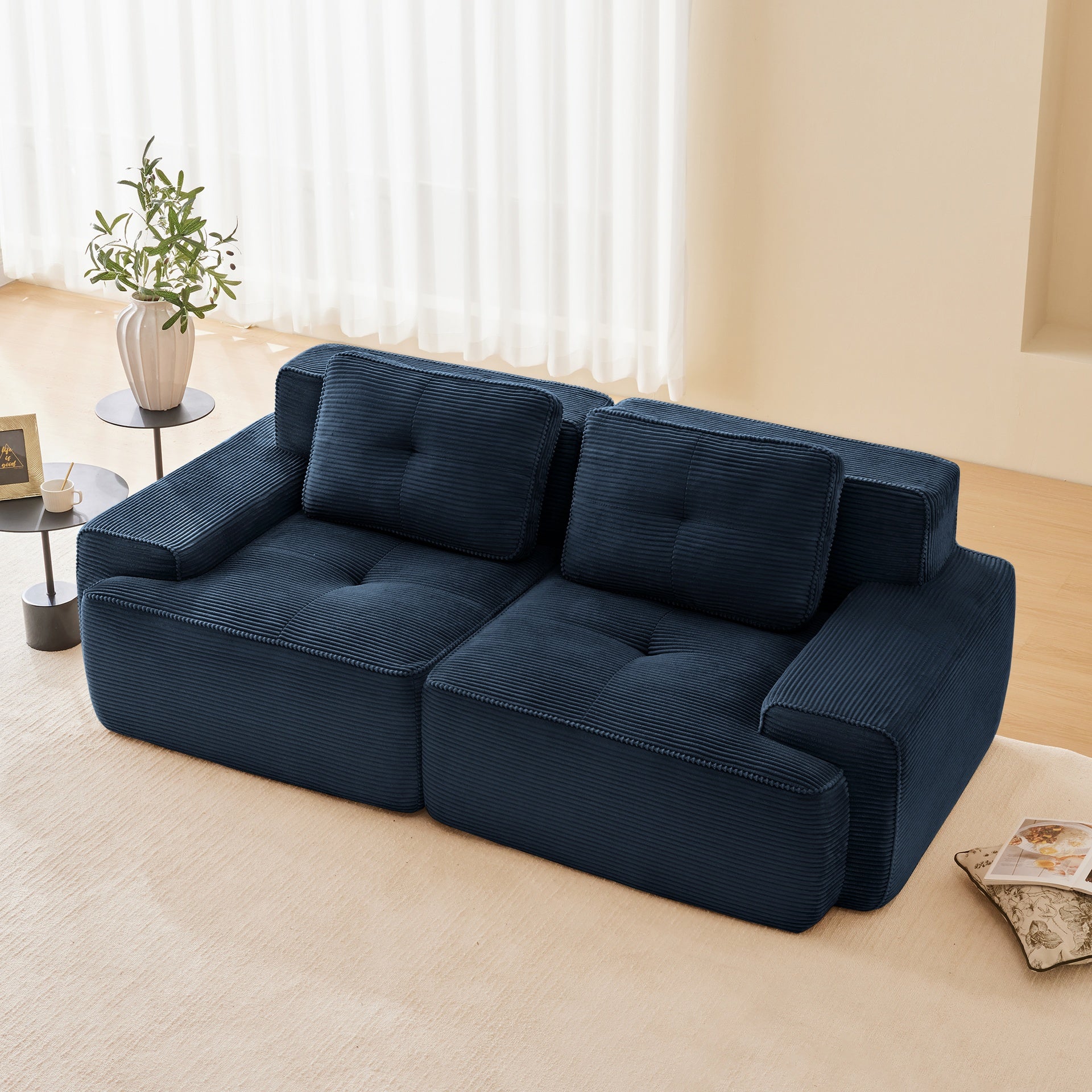 82" Modern L-Shaped Modular Sectional Sofa for Living Room, Corduroy Fabric, 2-Seater Couch with Deep Seat , Pearl-like piping, Tufted Design, No Assembly, Anti-slip Design, Blue