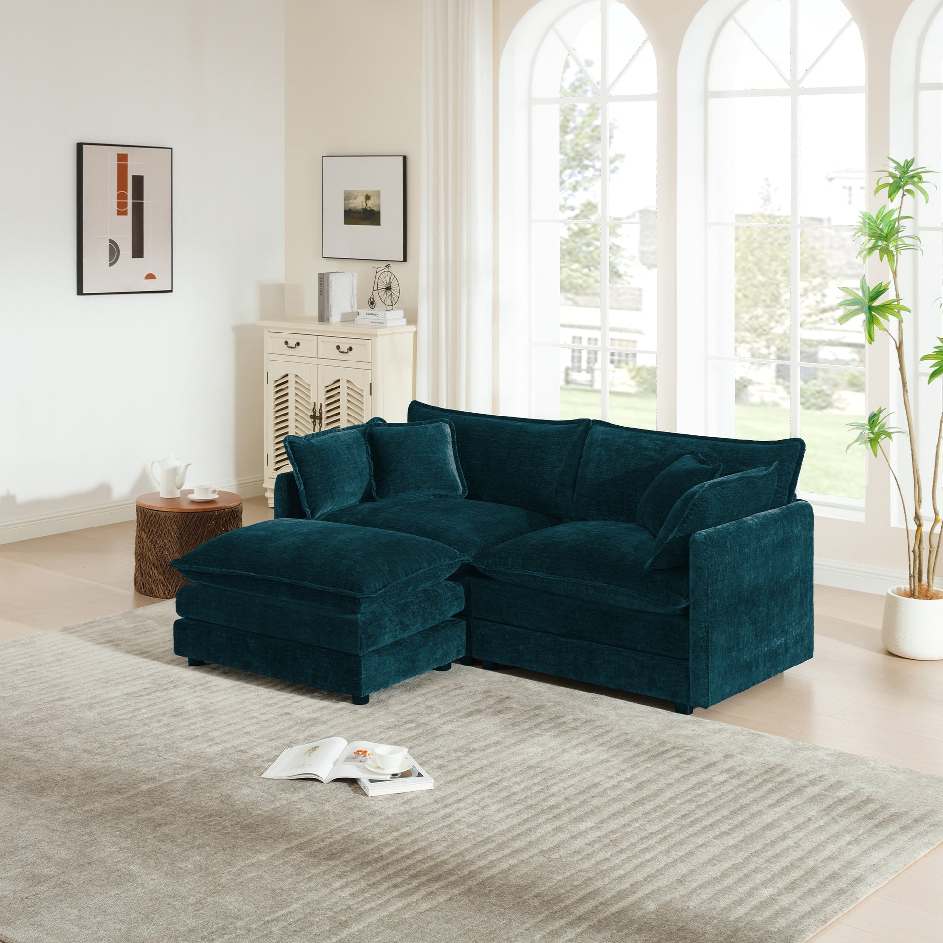 Chenille Two-Seater Sofa with 1 Footrest, 2 Seater L-Shaped Sectional with Ottoman,Loveseat with Ottoman for Small Living Space,Blue Chenille