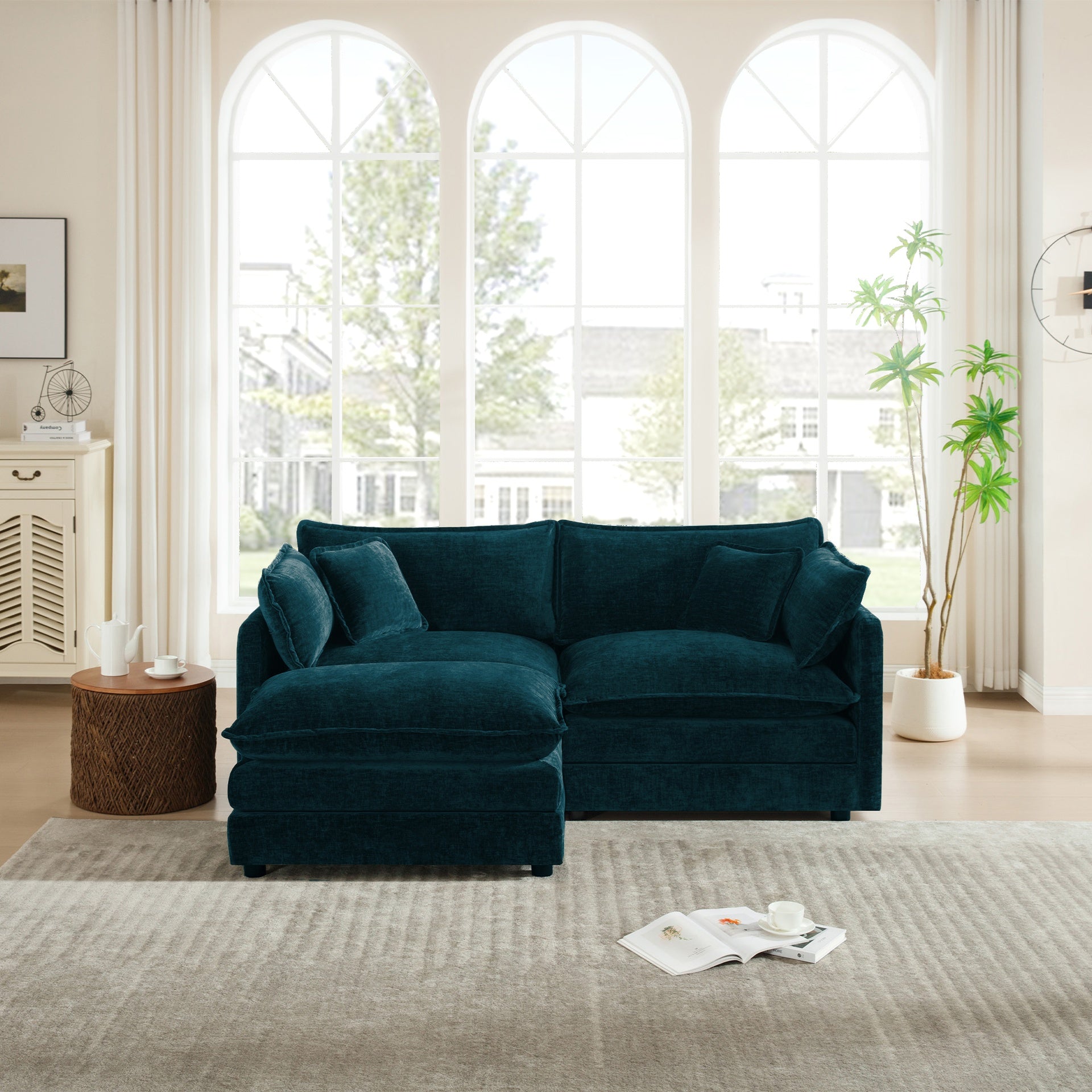 Chenille Two-Seater Sofa with 1 Footrest, 2 Seater L-Shaped Sectional with Ottoman,Loveseat with Ottoman for Small Living Space,Blue Chenille