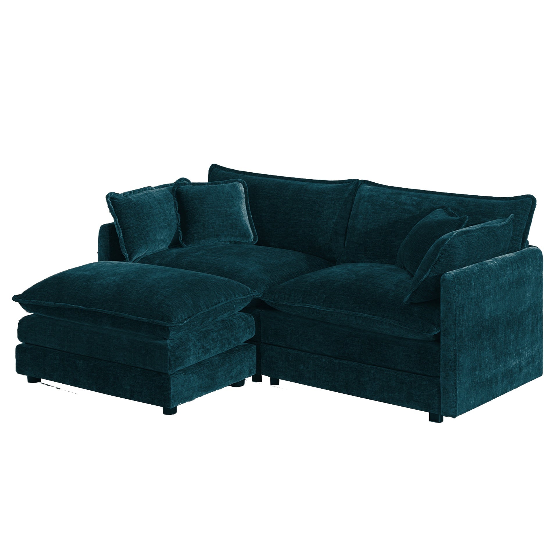 Chenille Two-Seater Sofa with 1 Footrest, 2 Seater L-Shaped Sectional with Ottoman,Loveseat with Ottoman for Small Living Space,Blue Chenille