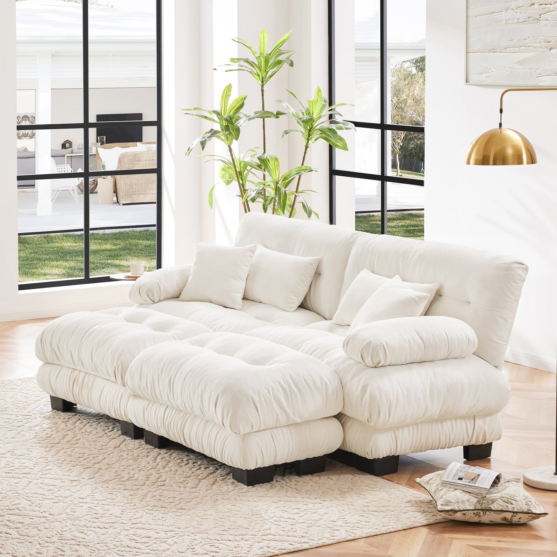 Cloud Couch Sleeper Sofa for Living Room, Chenille 2 Seater sofa with 2 Lumbar pillows and 2 throw pillows , Upholstered Wide Arm Sofa with 2 Ottomans,Chenille White