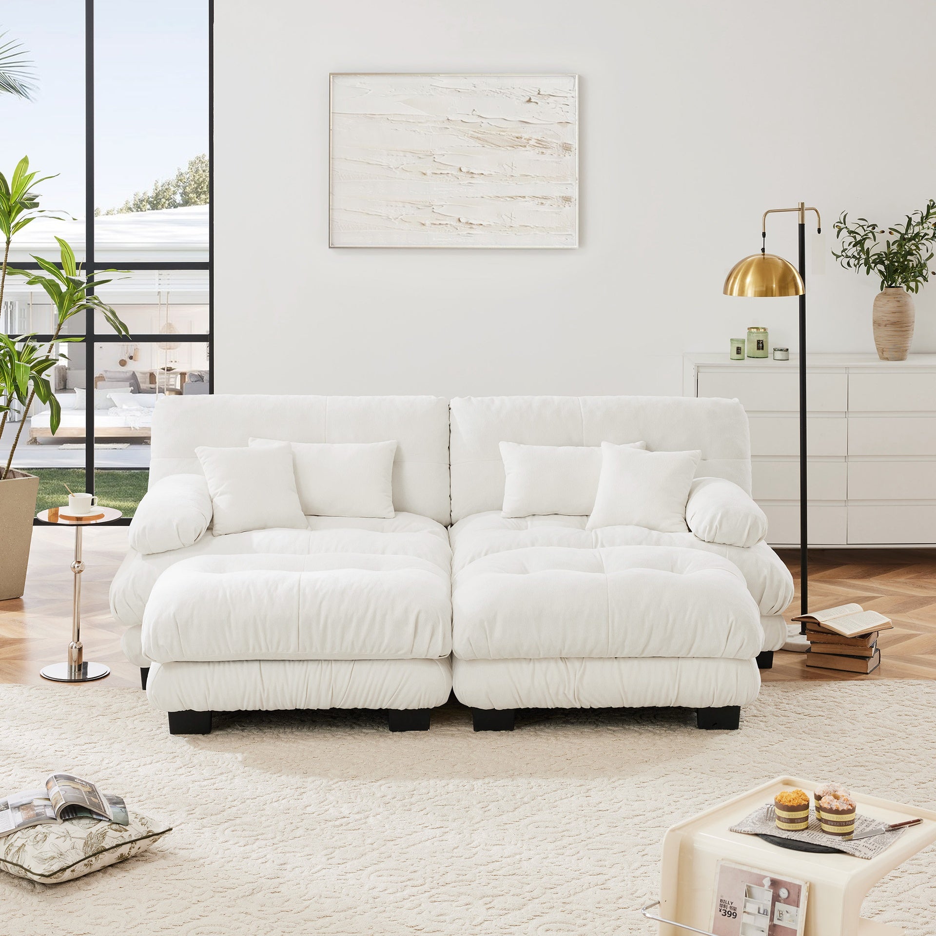 Cloud Couch Sleeper Sofa for Living Room, Chenille 2 Seater sofa with 2 Lumbar pillows and 2 throw pillows , Upholstered Wide Arm Sofa with 2 Ottomans,Chenille White
