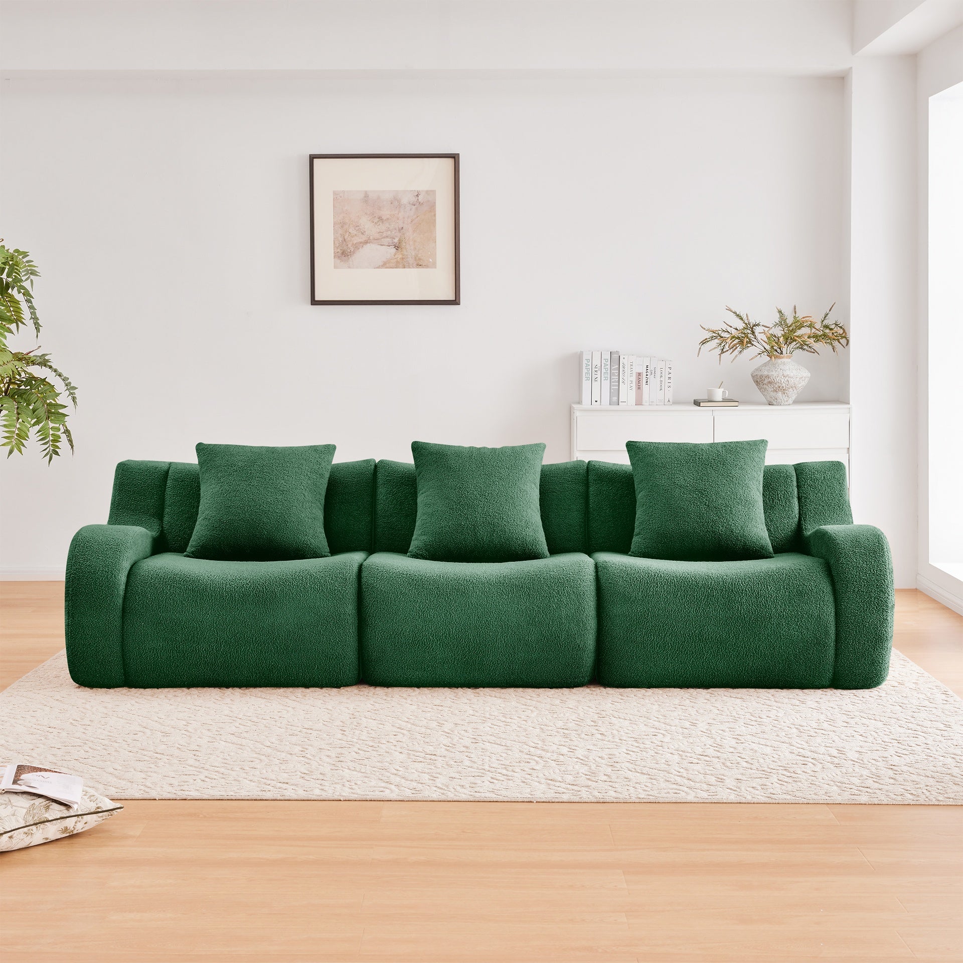 Boneless Sofa,3 Seat High-Quality Teddy Fabric,Anti-Slip Design,No Assembly Curved Armrests Streamlined,32D High Density Sponge For Living Rooms Bedrooms Reading Nook,Green