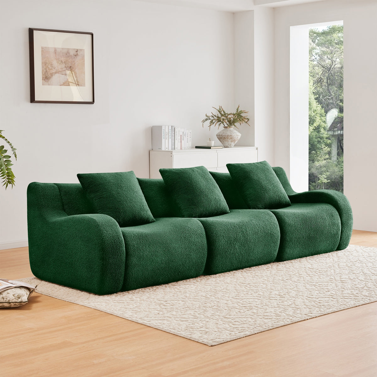 Boneless Sofa,3 Seat High-Quality Teddy Fabric,Anti-Slip Design,No Assembly Curved Armrests Streamlined,32D High Density Sponge For Living Rooms Bedrooms Reading Nook,Green