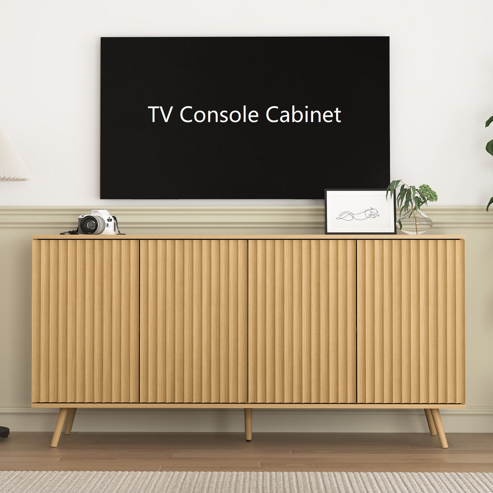 Sideboard Buffet Cabinet with Storage, Long Sideboard Storage Cabinet with 4 Doors, Wood Credenza Console Coffee Bar Cabinets with Adjustable Shelves for Living Room Kitchen Dining Room Natural
