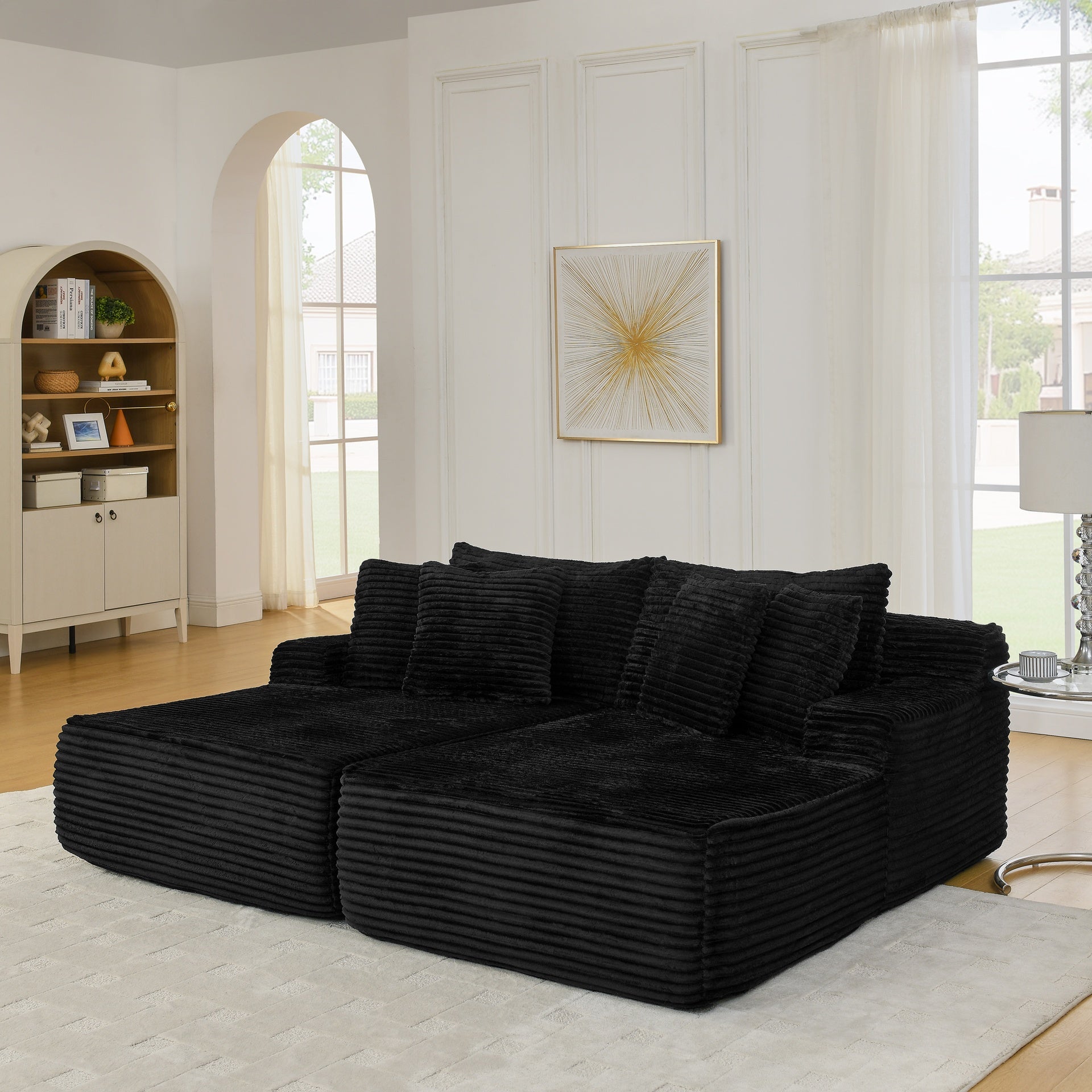 Two-seater lazy sofa lounge chair,Compressed sofa no assembly required, made of velvet fabric, fluffy modern  lounge chair, used for indoor living rooms and bedrooms-Black