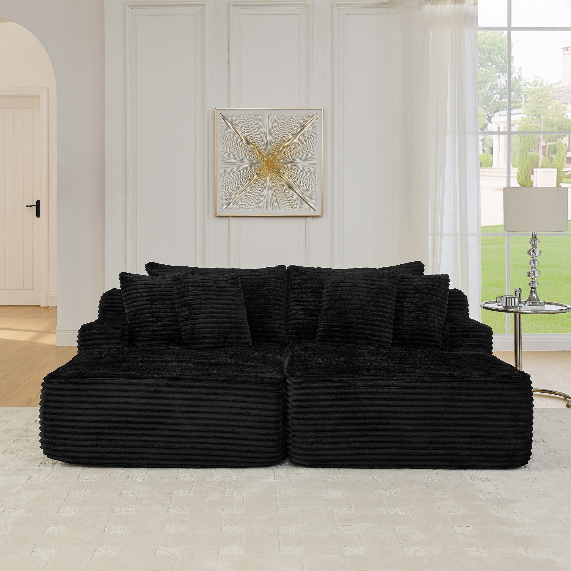 Two-seater lazy sofa lounge chair,Compressed sofa no assembly required, made of velvet fabric, fluffy modern  lounge chair, used for indoor living rooms and bedrooms-Black