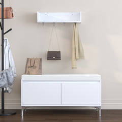 Wall-Mounted Entryway Shelf with Hooks and Storage Bench Set, Modern White Shoe Cabinet with Cushion and Closed Storage for Hallway, Bedroom, or Mudroom