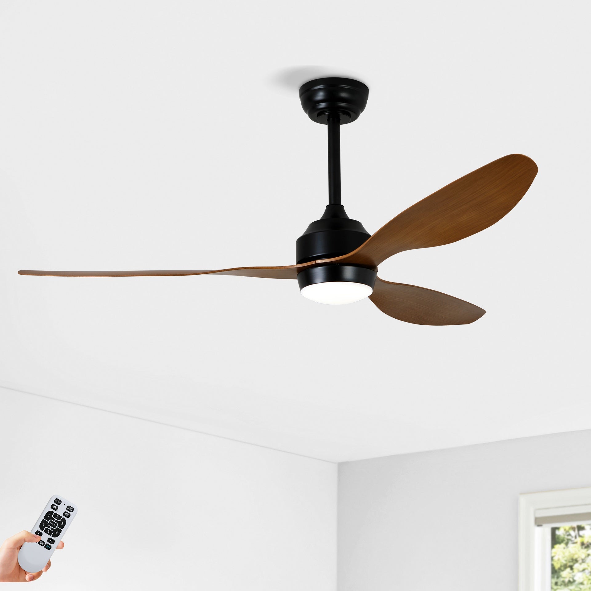 52" Ceiling Fan with Lights Quiet DC Motor 3 ABS Blade Ceiling Fans 6 Speed Levels,Reversible Ceiling Fan, for Patio Living Room, Bedroom, Office,Indoor. Matte Black + Walnut