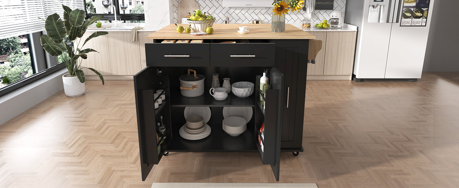 K&K Kitchen Island with Drop Leaf, Kitchen Storage Cart with 3 Tier Pull Out Cabinet Organizer, Internal Storage Rack, Rolling Kitchen Cart on Wheels with Towel Rack, 2 Drawers, for Kitchen, Black