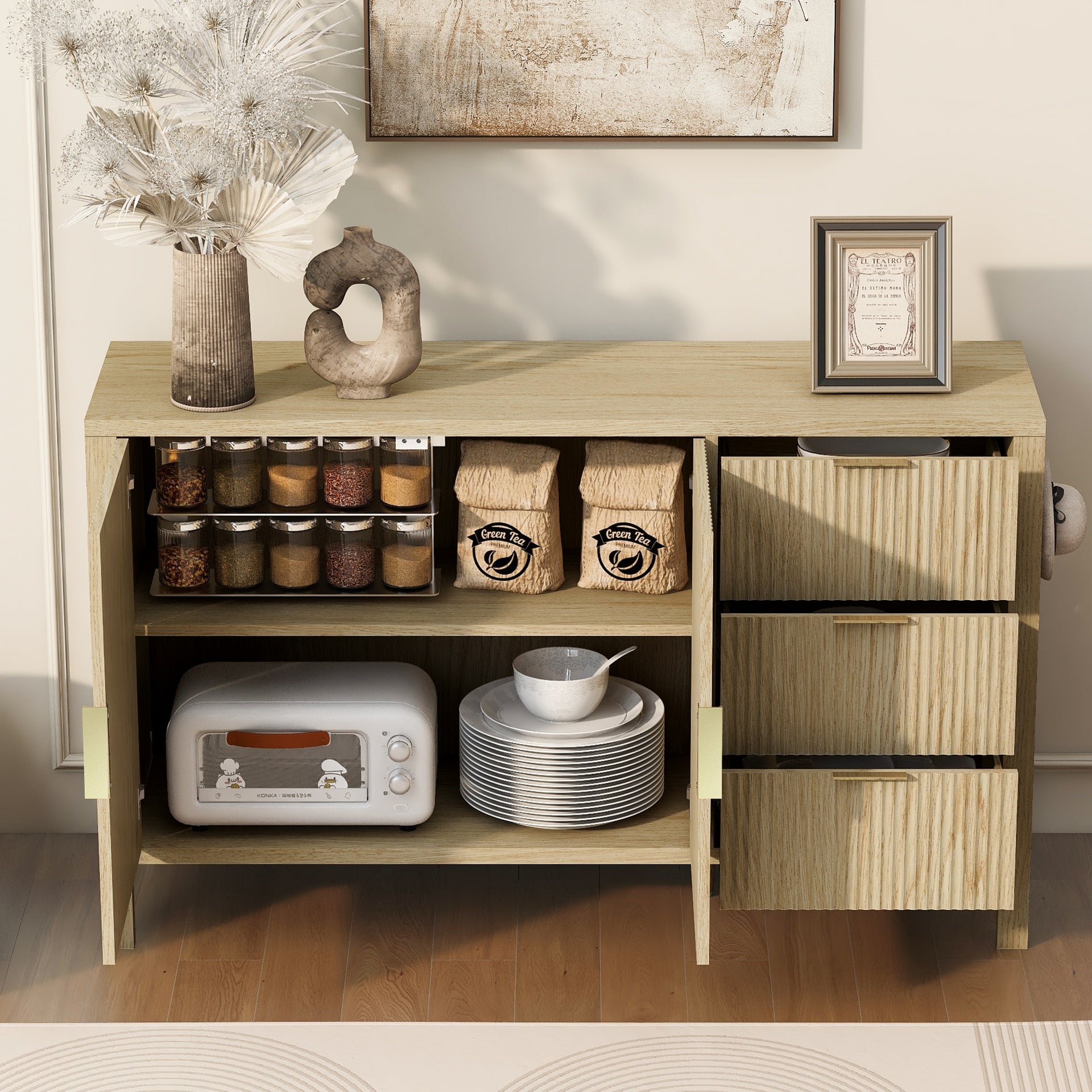 U-Style Modern Wave-Pattern Sideboard with 3 Drawers, Large Storage Buffet Cabinet with Hooks and Extra Center Leg,Suitable for Living Room,Entryway,Hallway.