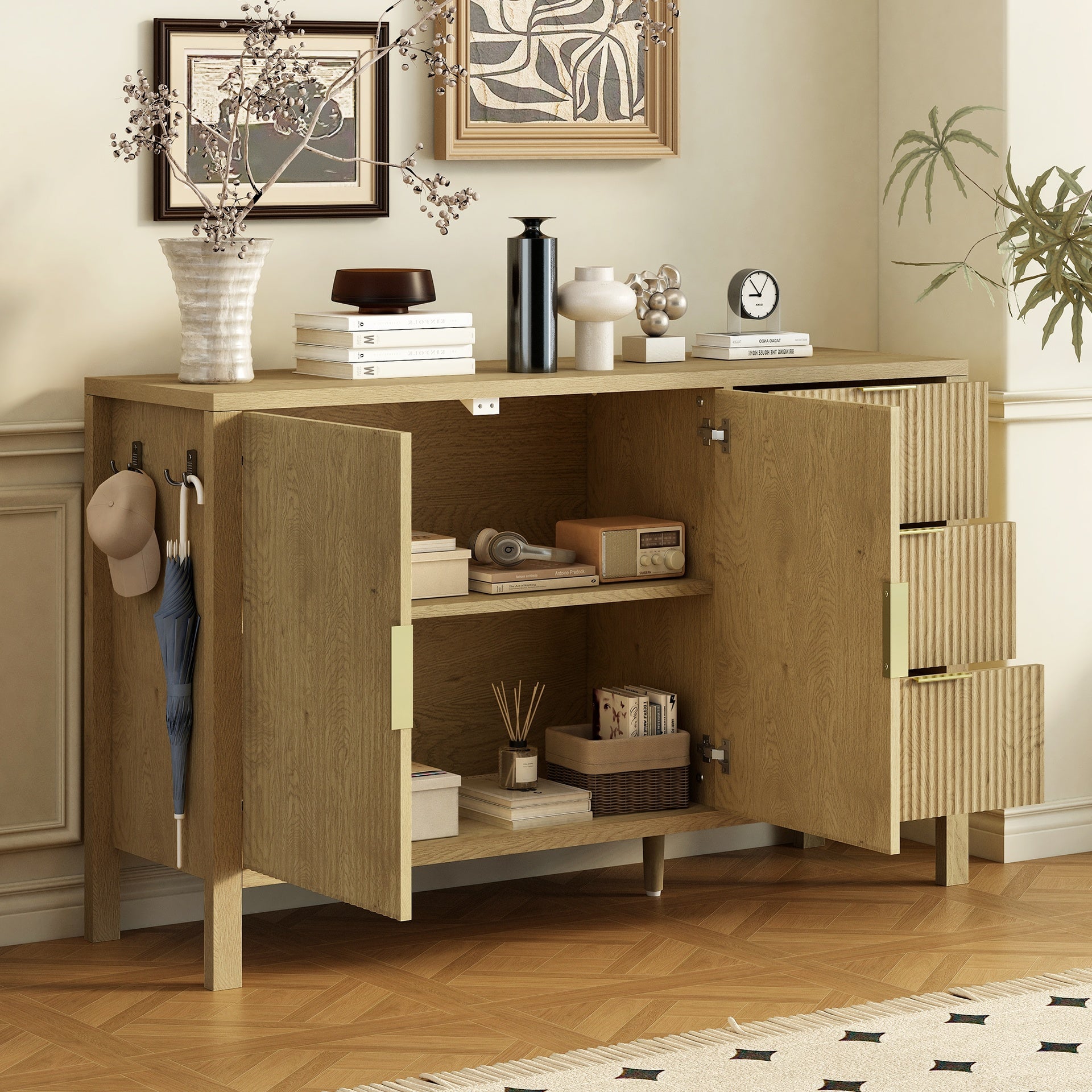 U-Style Modern Wave-Pattern Sideboard with 3 Drawers, Large Storage Buffet Cabinet with Hooks and Extra Center Leg,Suitable for Living Room,Entryway,Hallway.