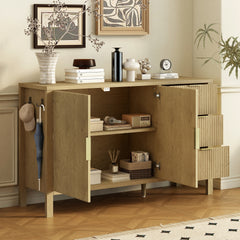 U-Style Modern Wave-Pattern Sideboard with 3 Drawers, Large Storage Buffet Cabinet with Hooks and Extra Center Leg,Suitable for Living Room,Entryway,Hallway.