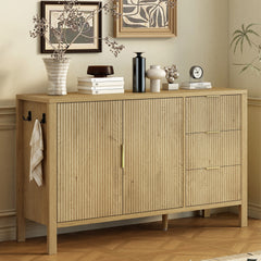 U-Style Modern Wave-Pattern Sideboard with 3 Drawers, Large Storage Buffet Cabinet with Hooks and Extra Center Leg,Suitable for Living Room,Entryway,Hallway.