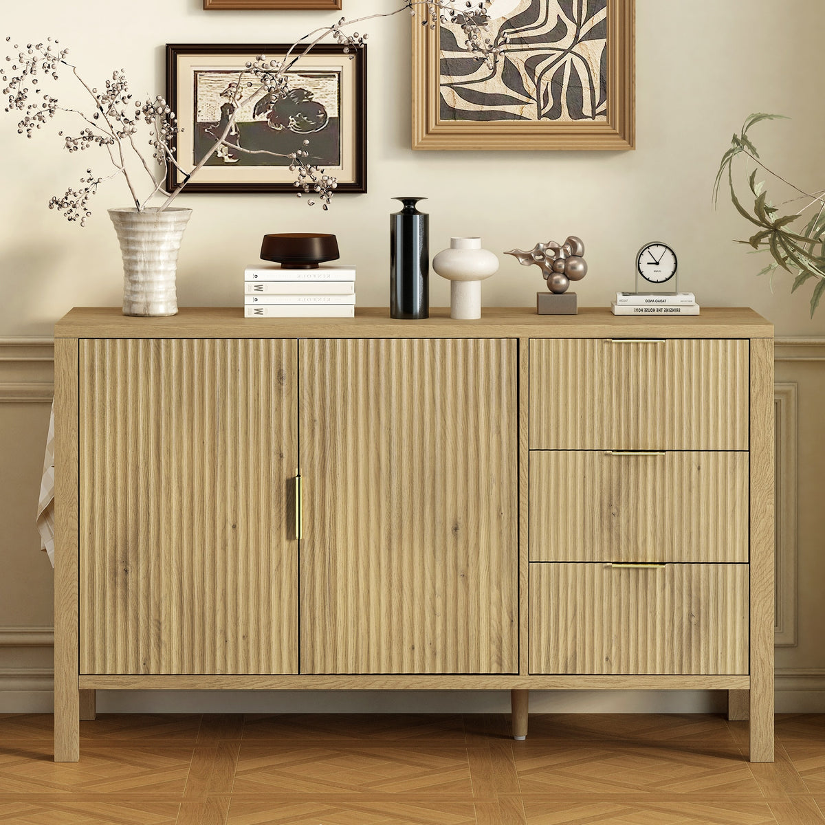 U-Style Modern Wave-Pattern Sideboard with 3 Drawers, Large Storage Buffet Cabinet with Hooks and Extra Center Leg,Suitable for Living Room,Entryway,Hallway.