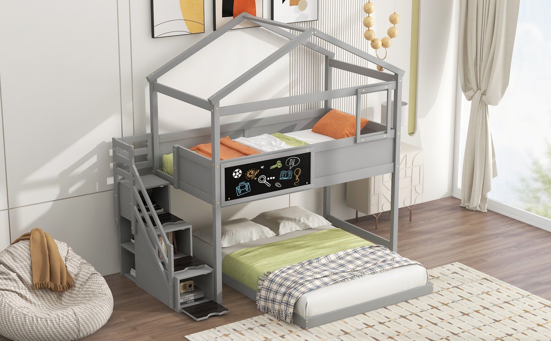 Twin over Full House Bunk Bed with Storage Staircase and Blackboard,Gray