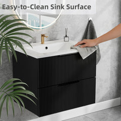 24 Inch Bathroom Vanity Cabinet With Ceramic Sink - Black Wall Mounted Floating Fluted Vanity With Drawers, Modern