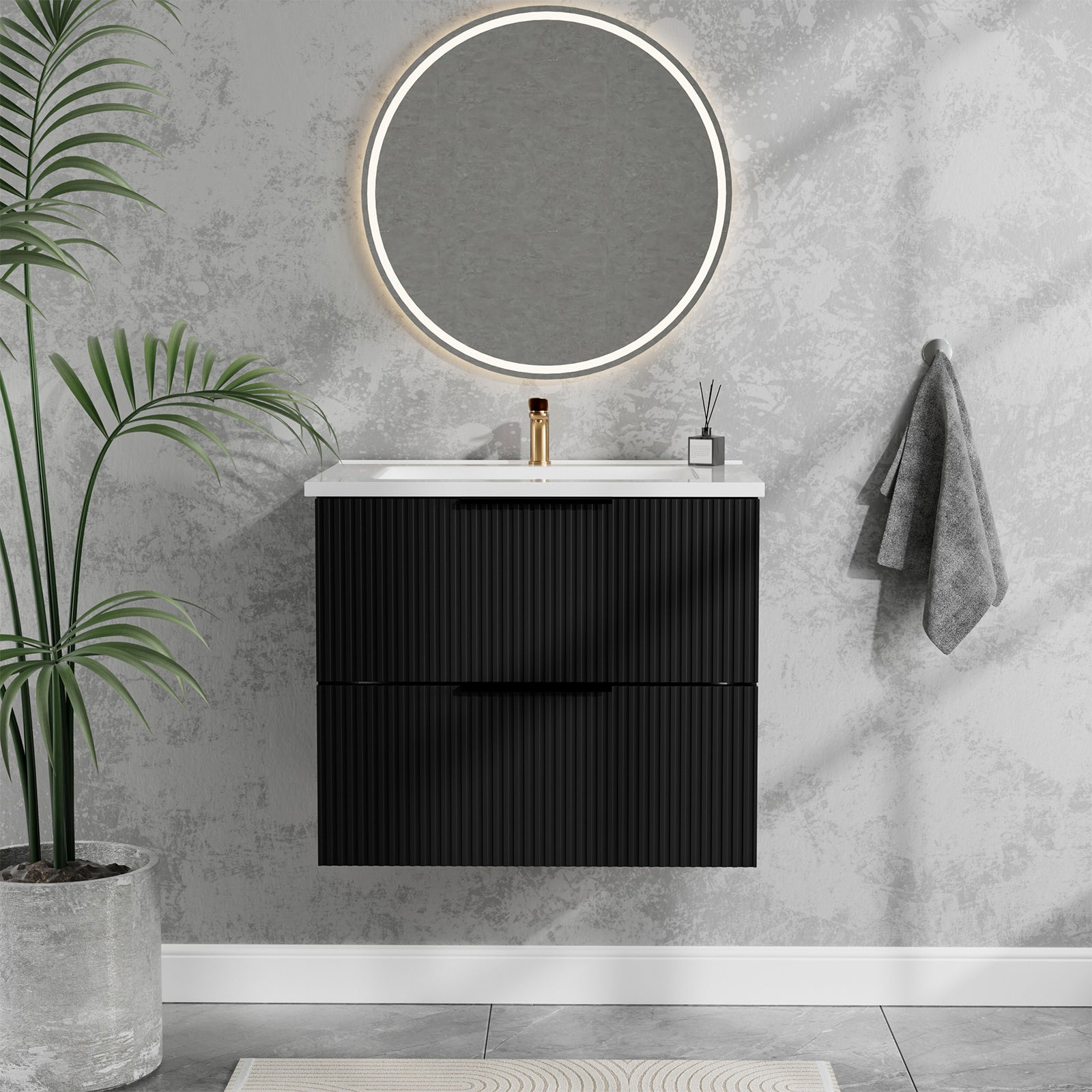 24 Inch Bathroom Vanity Cabinet With Ceramic Sink - Black Wall Mounted Floating Fluted Vanity With Drawers, Modern