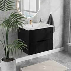 24 Inch Bathroom Vanity Cabinet With Ceramic Sink - Black Wall Mounted Floating Fluted Vanity With Drawers, Modern