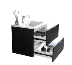 24 Inch Bathroom Vanity Cabinet With Ceramic Sink - Black Wall Mounted Floating Fluted Vanity With Drawers, Modern