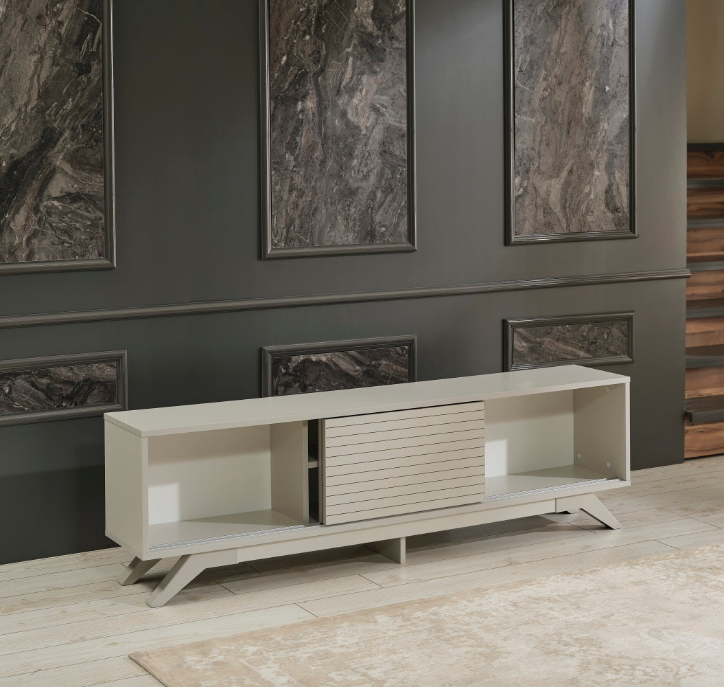 FurnisHome Store Luxia Mid Century Modern Tv Stand 2 Sliding Door Cabinet 2 Shelves 67 inch Tv Unit, Grey