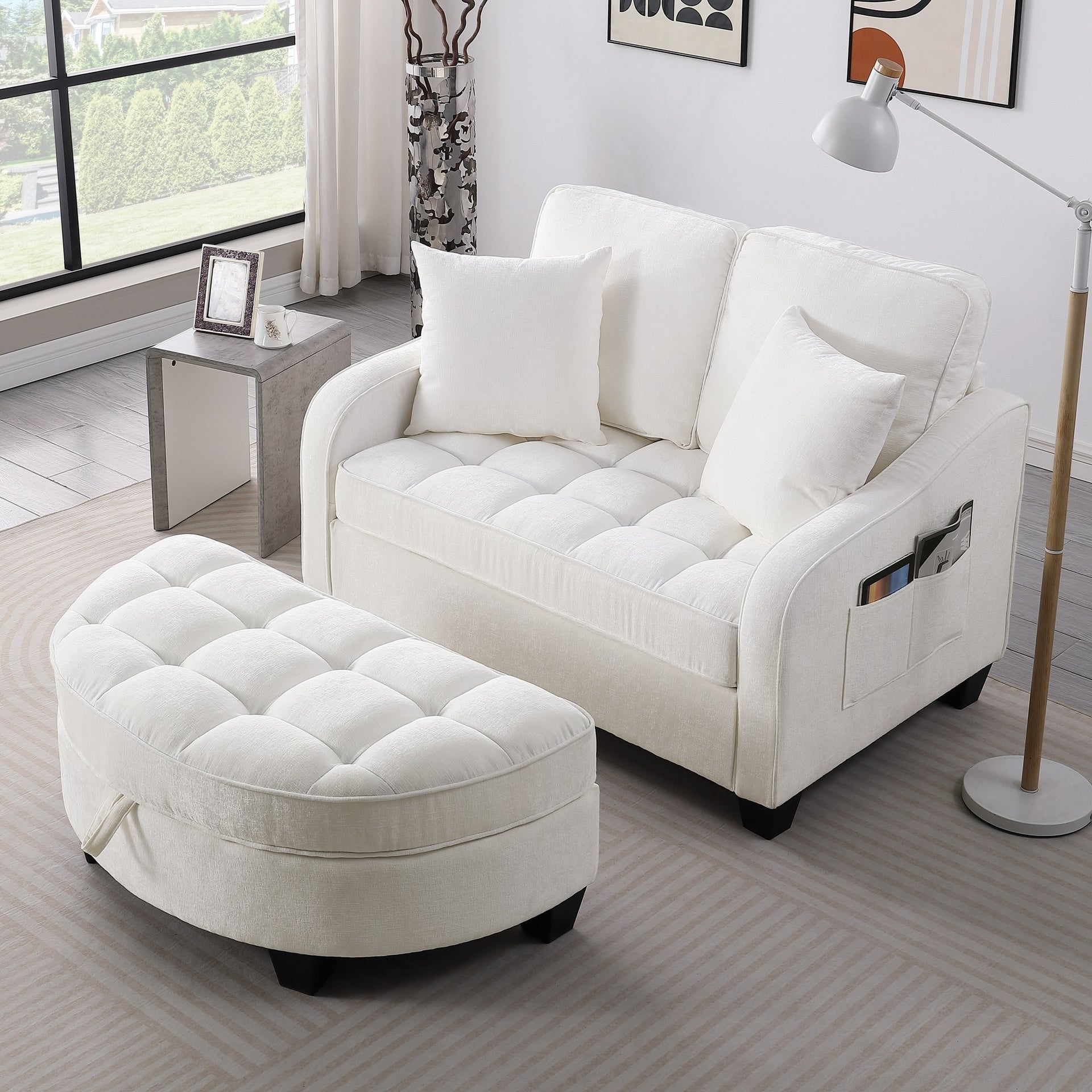 Two-seater sofa, double sofa chaise longue, with irregular armrests and backrests, footrest with storage space, comes with two small throw pillows, suitable for living room and bedroom - Beige