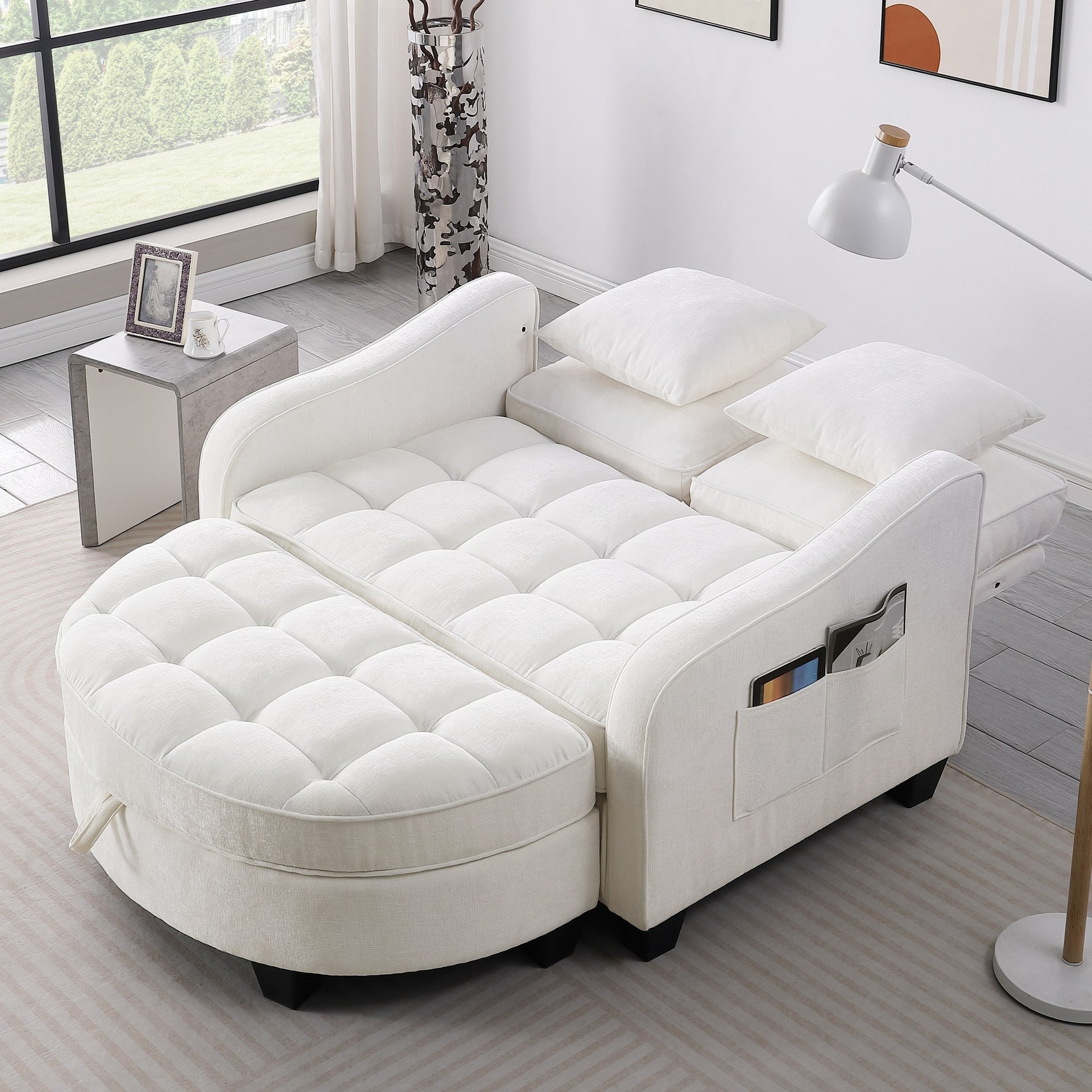 Two-seater sofa, double sofa chaise longue, with irregular armrests and backrests, footrest with storage space, comes with two small throw pillows, suitable for living room and bedroom - Beige
