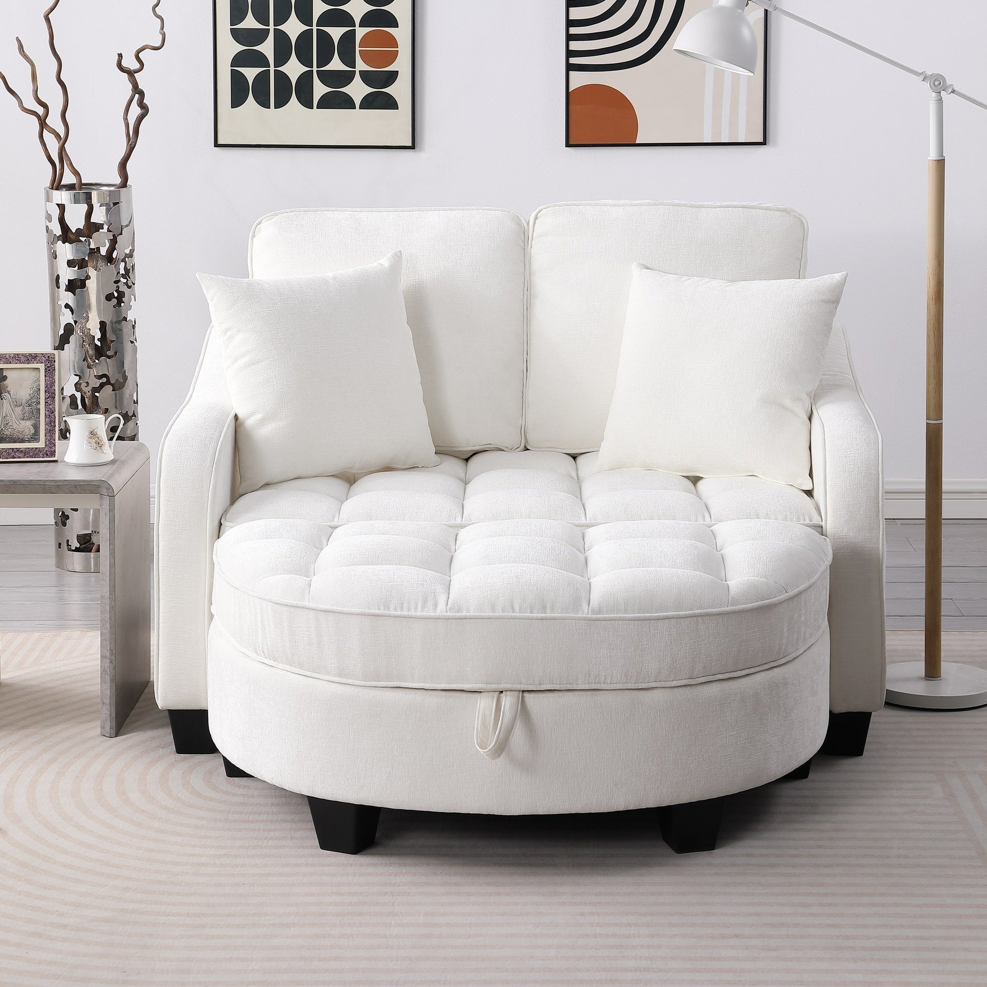 Two-seater sofa, double sofa chaise longue, with irregular armrests and backrests, footrest with storage space, comes with two small throw pillows, suitable for living room and bedroom - Beige