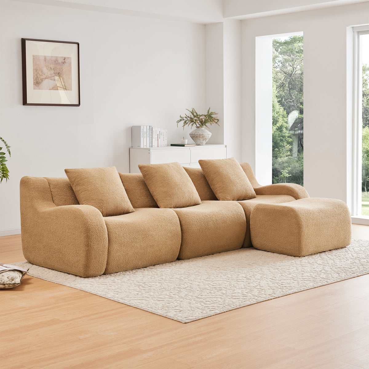 Boneless Sofa,3 Seat High-Quality Teddy Fabric,Anti-Slip Design,No Assembly Curved Armrests Streamlined Design,Assembly Chaise 32D High Density Sponge For Living Rooms Bedrooms,Camel