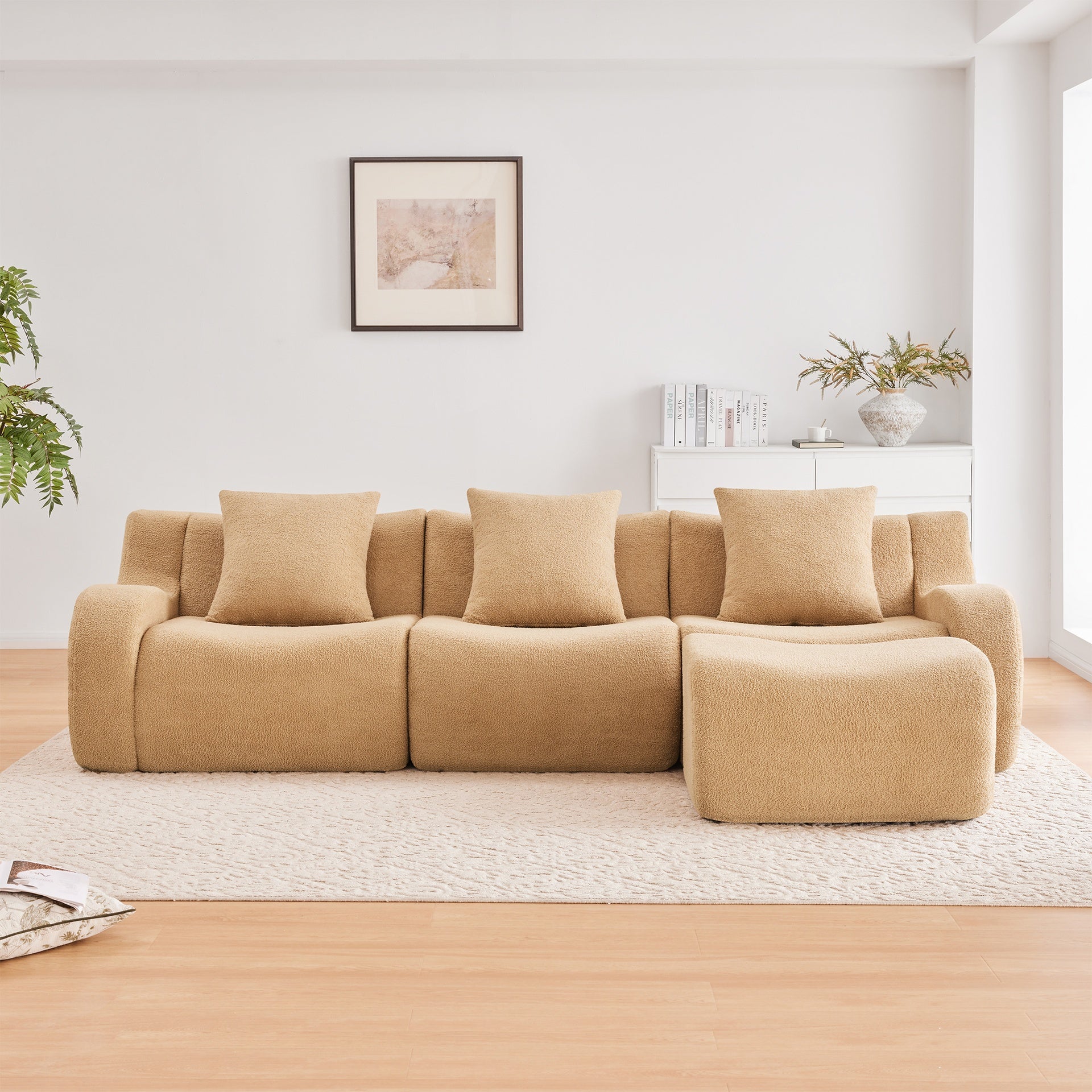Boneless Sofa,3 Seat High-Quality Teddy Fabric,Anti-Slip Design,No Assembly Curved Armrests Streamlined Design,Assembly Chaise 32D High Density Sponge For Living Rooms Bedrooms,Camel