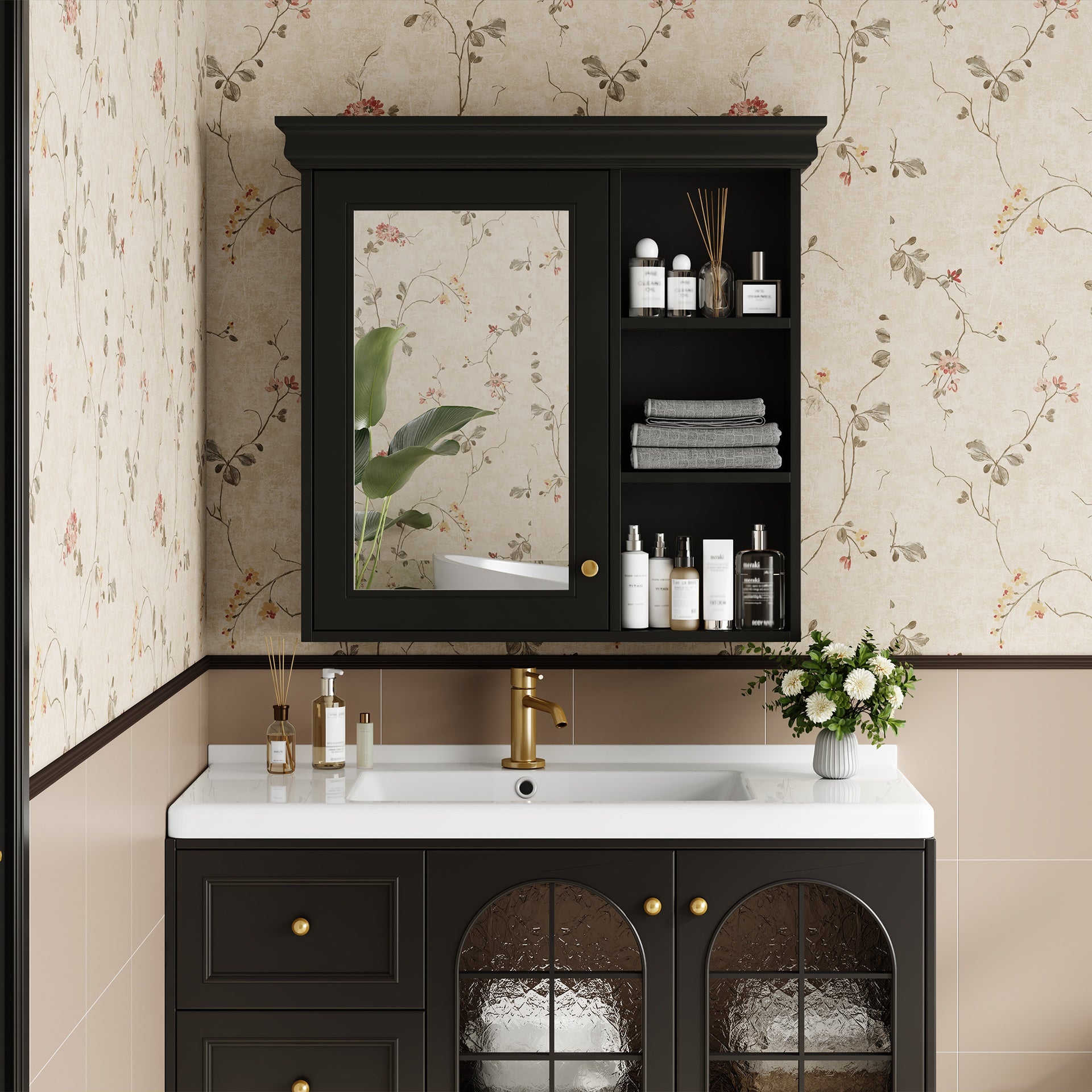 30'' x 28'' Bathroom Medicine Cabinet with Mirror, Wall Mounted Mirror Cabinet with Storage Organizer, Over the Toilet Storage Black Storage Cabinet for Bathroom