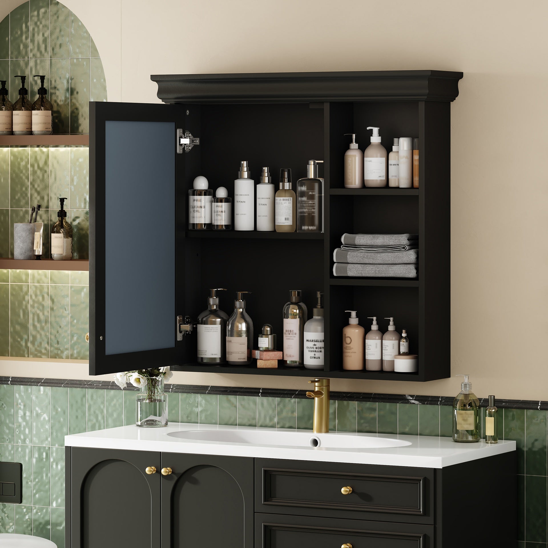 30'' x 28'' Bathroom Medicine Cabinet with Mirror, Wall Mounted Mirror Cabinet with Storage Organizer, Over the Toilet Storage Black Storage Cabinet for Bathroom