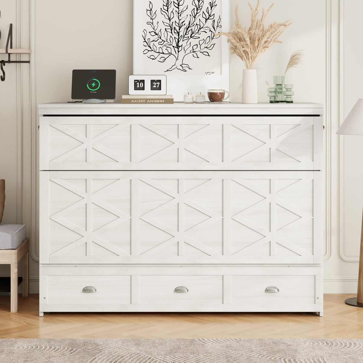 Queen Size Murphy Bed with Large Drawers and USB,Brushed White