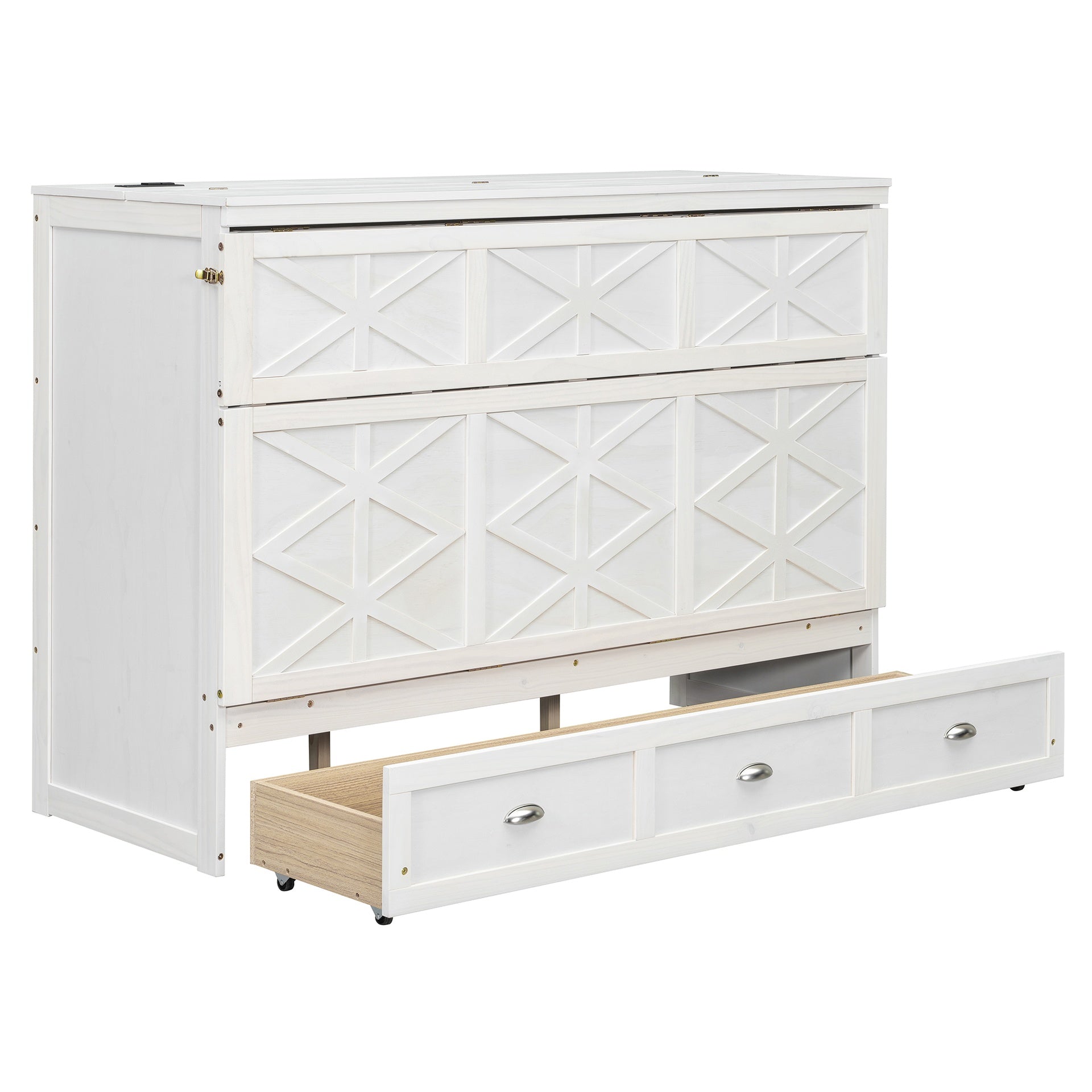 Queen Size Murphy Bed with Large Drawers and USB,Brushed White