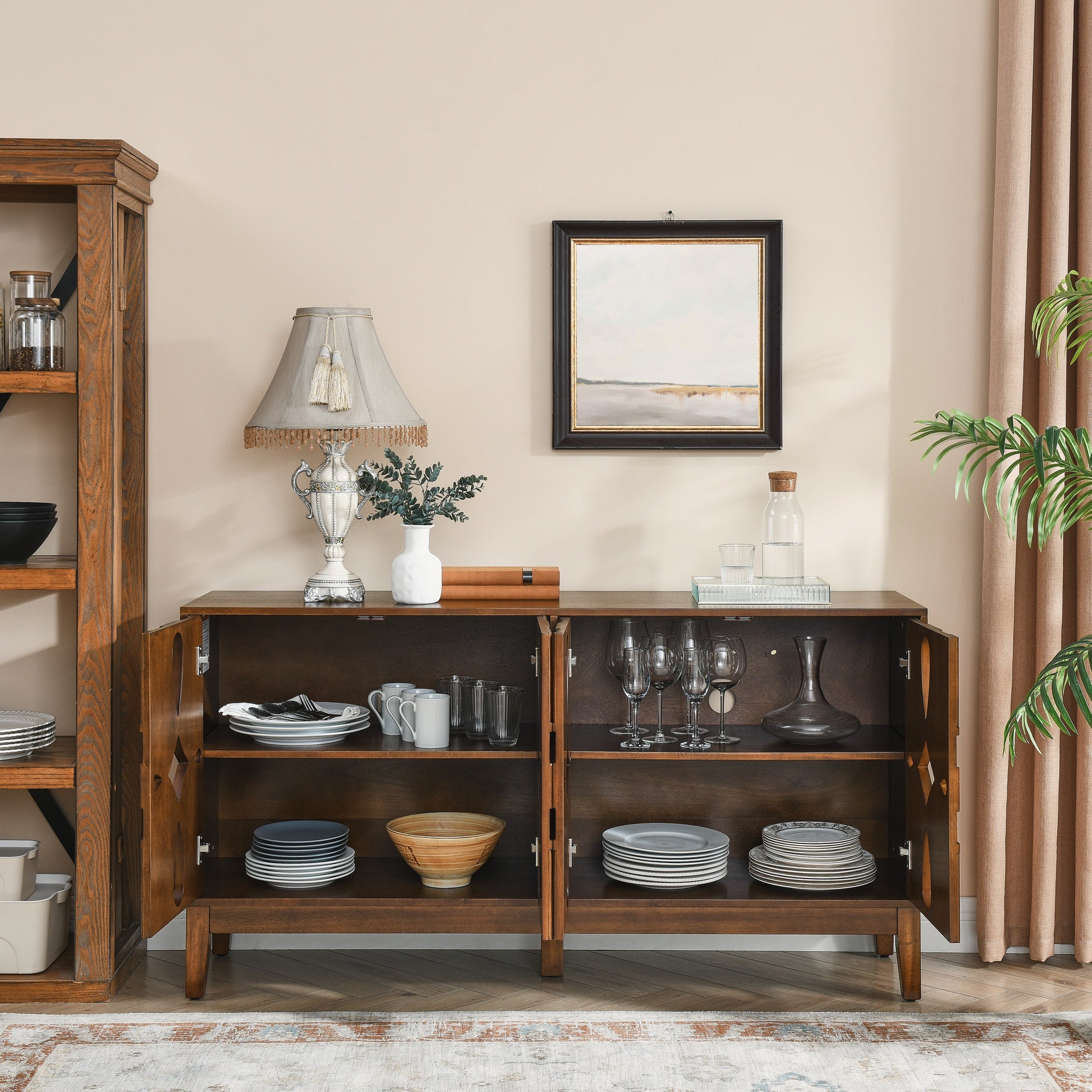 60.5" Mid Century Modern Sideboard Buffet Cabinet with Storage, TV Media Console Table, Storage Cabinet with 4 Doors & Adjustable Shelves for Kitchen Dining Living Room Entryway, Walnut