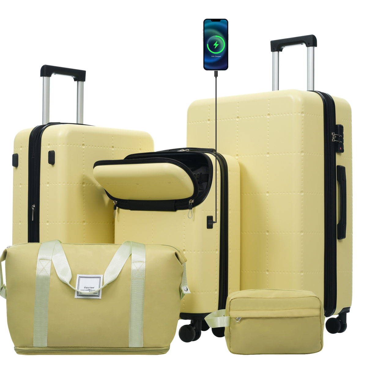Hardside Luggage Set 5 Piece with Bags,20IN Half-opening Carry on Luggage with USB Port, Expandable 24IN 28IN Luggage with Double Spinner Wheels TSA Lock