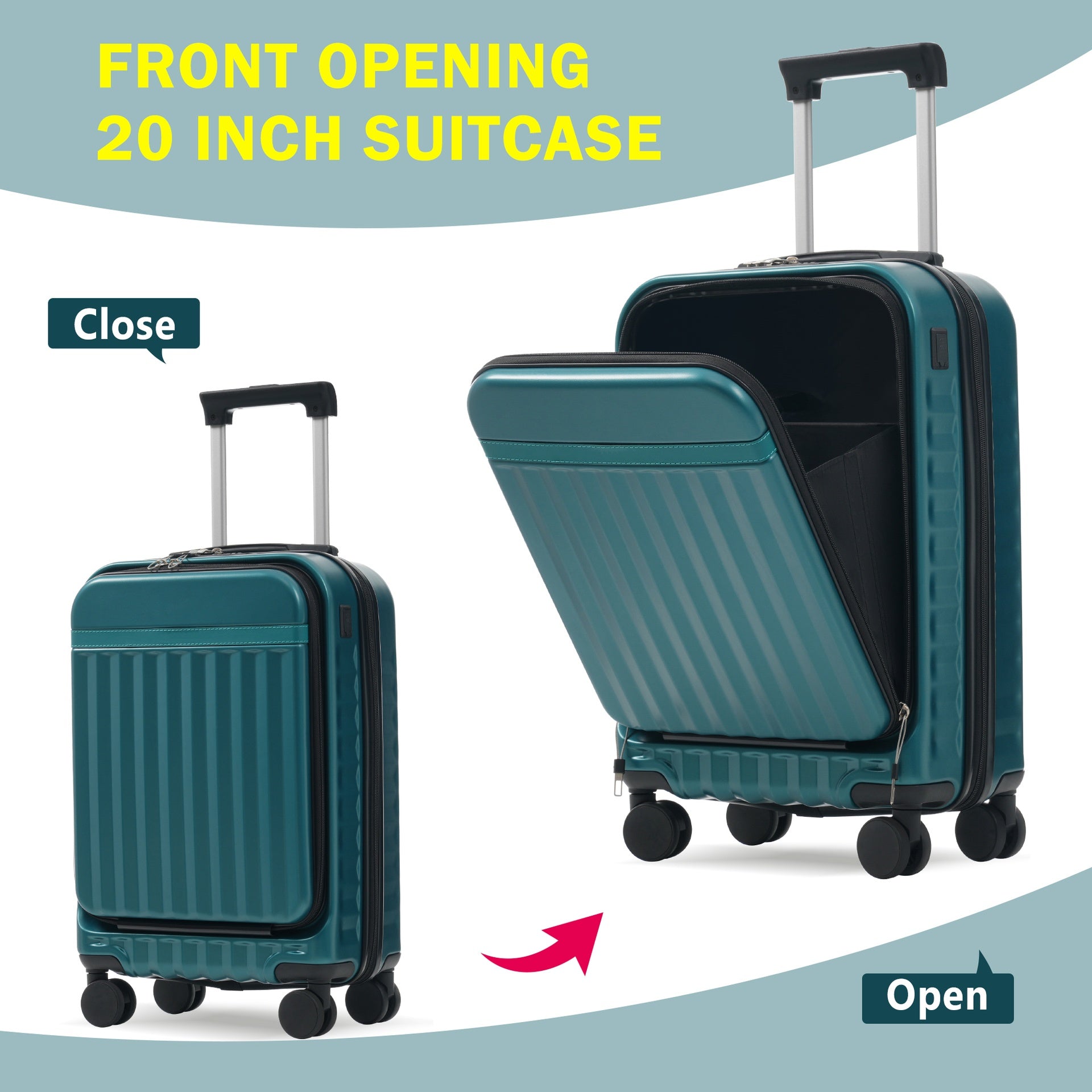Front Opening Luggage Set 3 Piece, Hardside Carry on Suitcase with USB Port, Expandable Luggage with Handle Bag Spinner Wheels TSA Lock