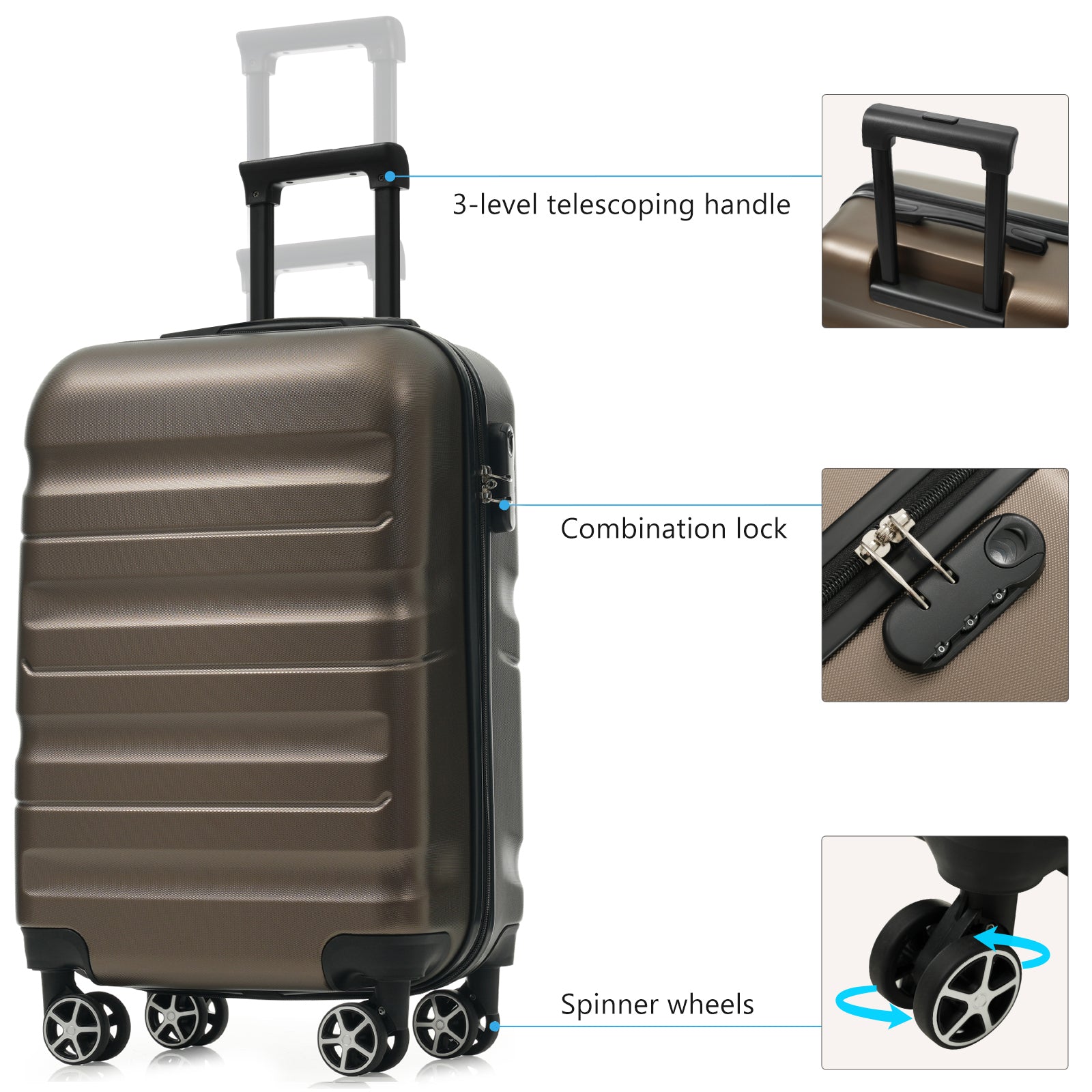 Hardshell ABS Carry-On Luggage with Spinner Wheels, Lightweight Travel Suitcase Set with Foldable Duffel Bag for Men & Women, 20Inch