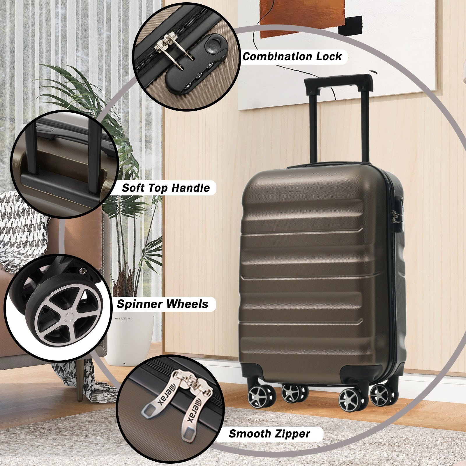 Hardshell ABS Carry-On Luggage with Spinner Wheels, Lightweight Travel Suitcase Set with Foldable Duffel Bag for Men & Women, 20Inch