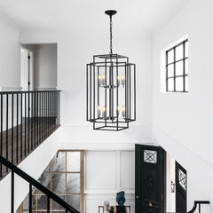 18" Modern 8-Light Black & Chrome Geometric Pendant Chandelier, Industrial Metal Frame, Adjustable Hanging Light for Living Room, Dining Room, Kitchen (No Bulbs)
