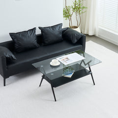 Rectangle Coffee Table with Tempered Glass top and Black MDF Shelf, Modern Table for Living Room, Gray Glass